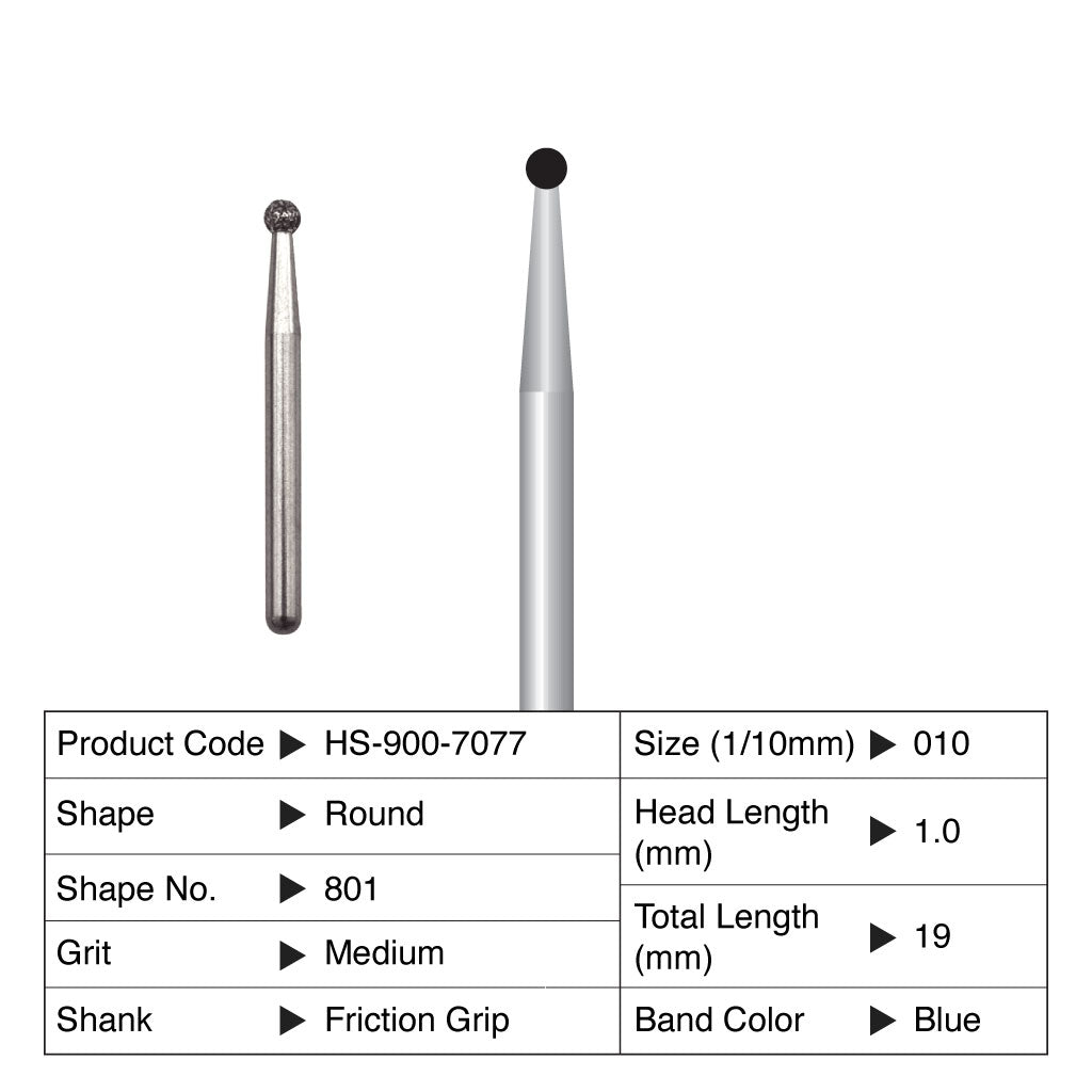 HS Maxima Diamond Bur Round Friction Grip Medium 801-010M 5/Pack