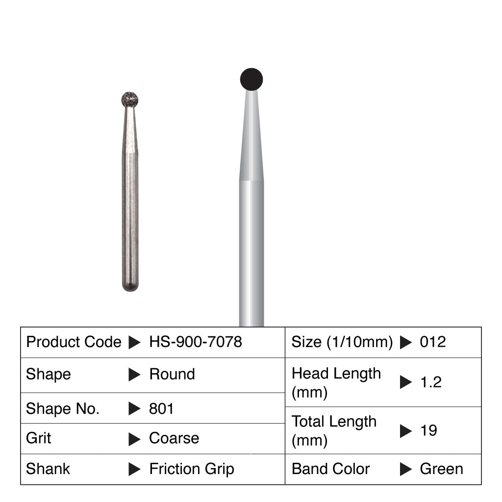 HS Maxima Diamond Bur Round Friction Grip Coarse 801-012C 5/Pack