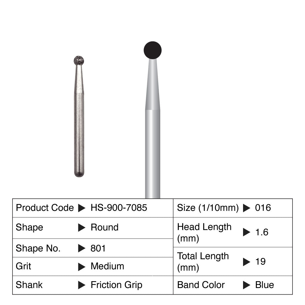 HS Maxima Diamond Bur Round Friction Grip Medium 801-016M 5/Pack