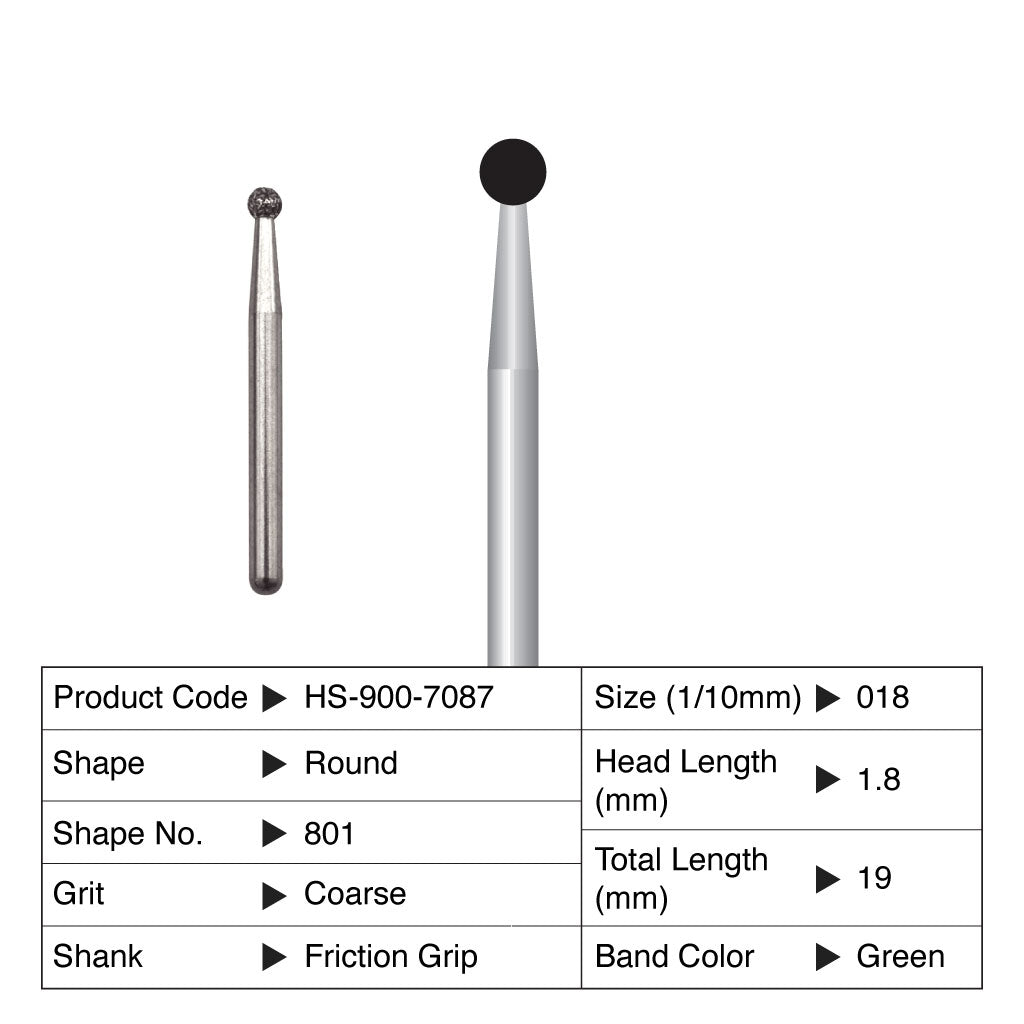 HS Maxima Diamond Bur Round Friction Grip Coarse 801-018C 5/Pack