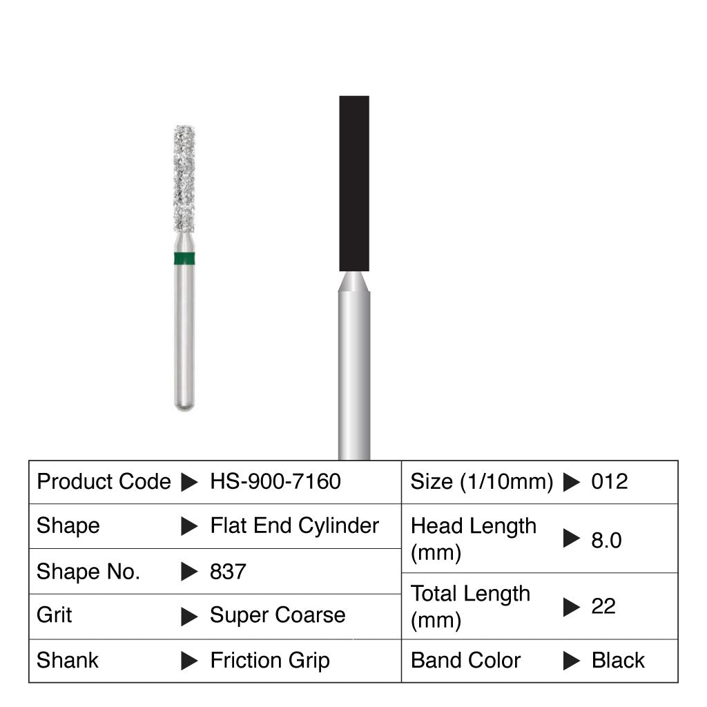 HS Maxima Diamond Bur Flat End Cylinder Friction Grip Super Coarse 837-012SC 5/Pack
