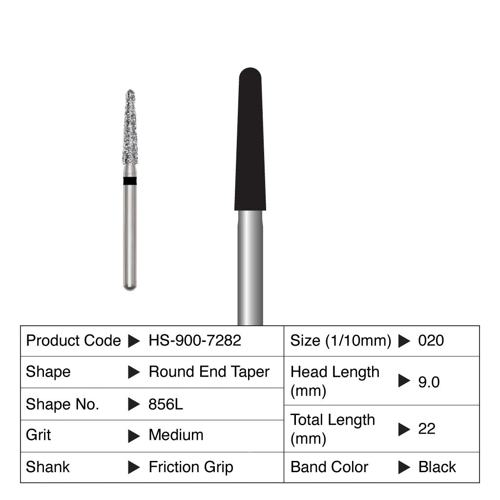 HS Maxima Diamond Bur Round End Taper Friction Grip Medium 856L-020M 5/Pack